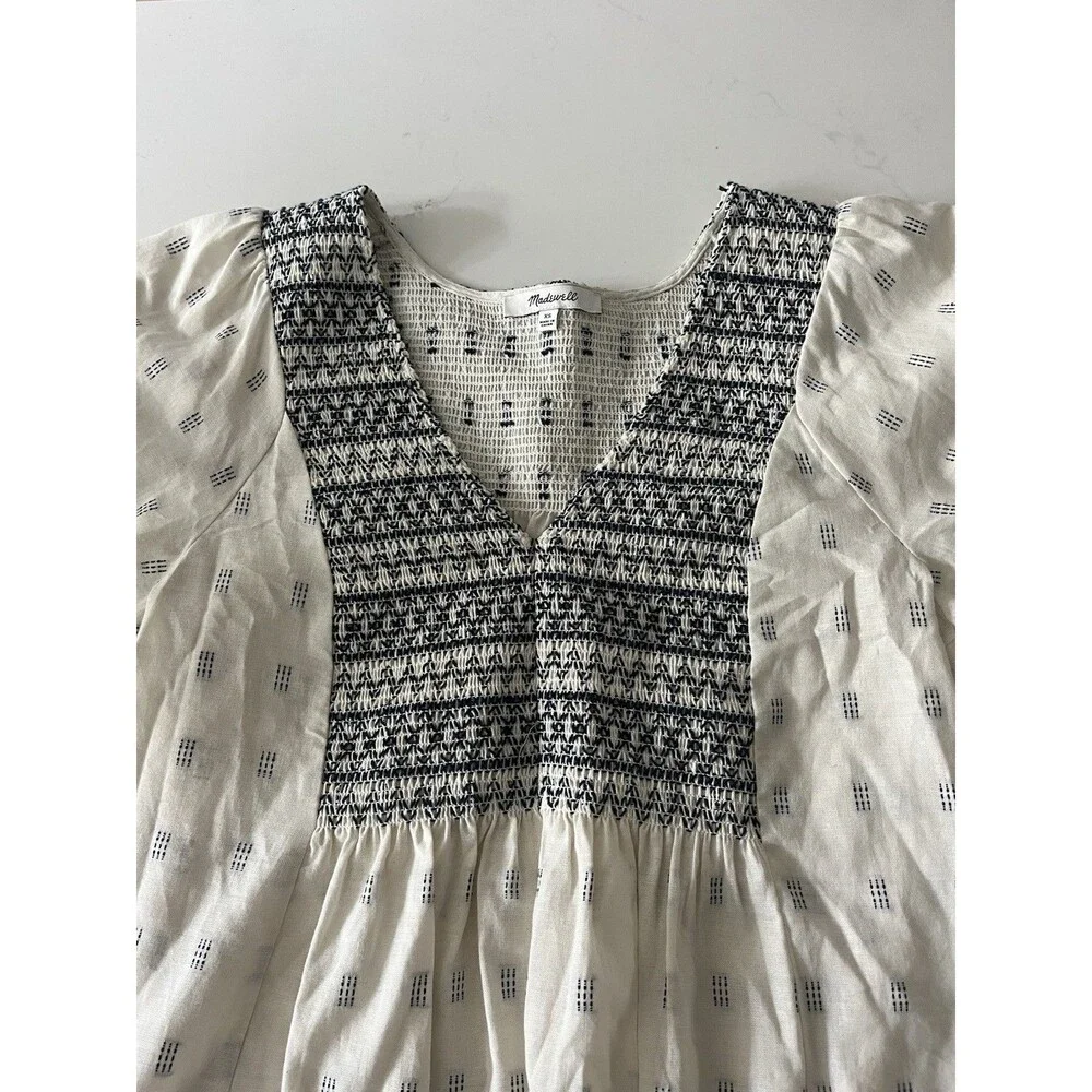Madewell Embroidered Smocked V Neck Puff Sleeve Peasant Top Cream Navy XS